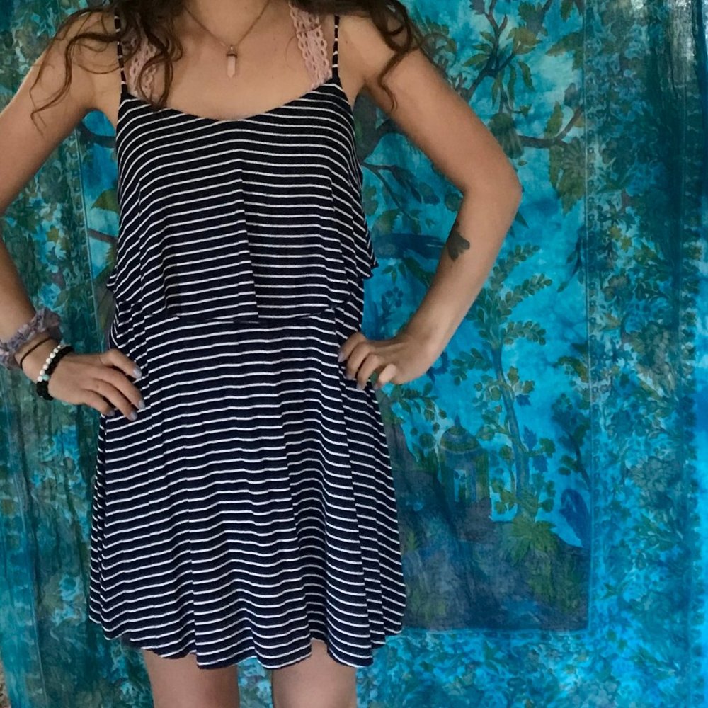Blue and white striped dress